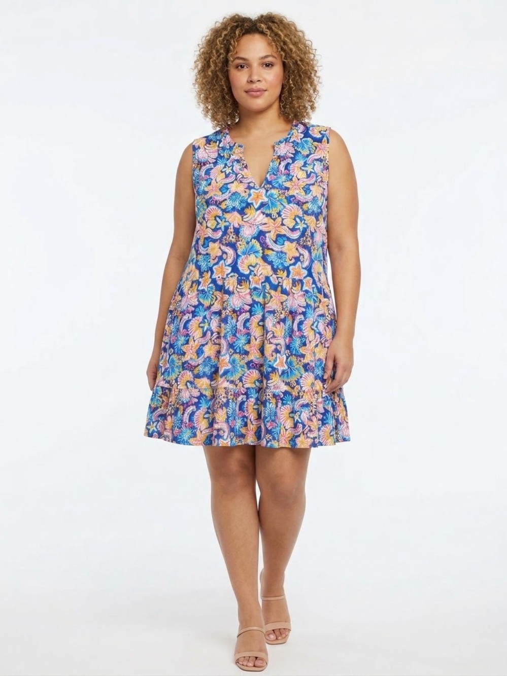 Stella Parker Coastal Seashell Starfish Tiered Sleeveless Dress Pockets XXL NWT